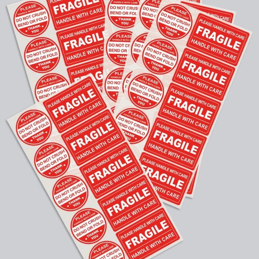 New 100 Pcs Handle With Care Fragile Circle Rectangle Packing Stickers